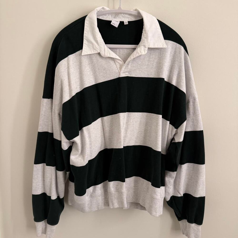 women’s grey + green-striped ARITZIA / TNA lomu polo long-sleeve [L]
